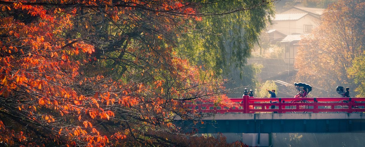 Otoño japonés koyo con hojas rojas y puente tradicional rojo en Japón – viaje alternativo a Asia