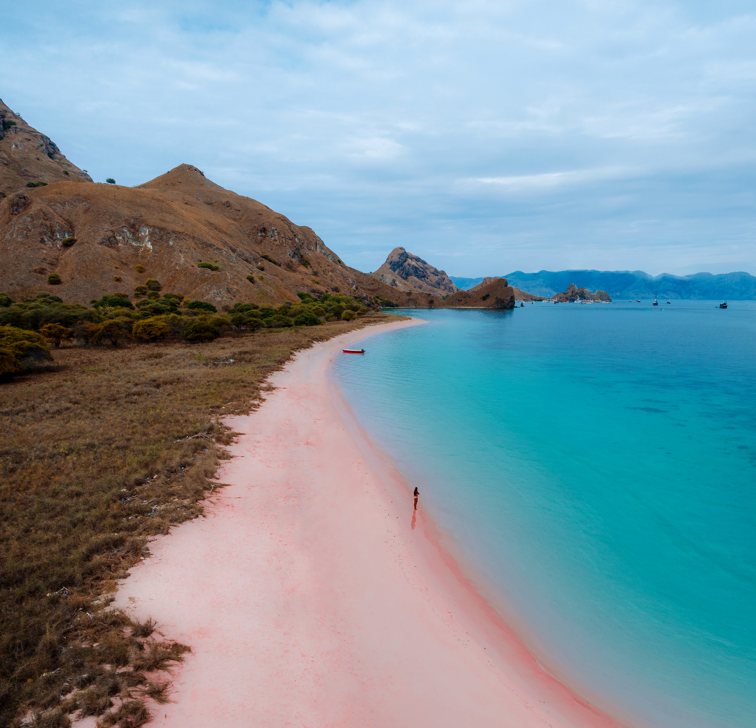 Arena de color rosa en Pink Beach, Parque Nacional de Komodo, Flores, Indonesia, con aguas transparentes